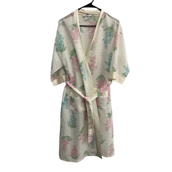 Ashley Ames Vintage Floral Tie Waist Robe Pink Green Sz Small Retro Bohemian - Picture 1 of 10